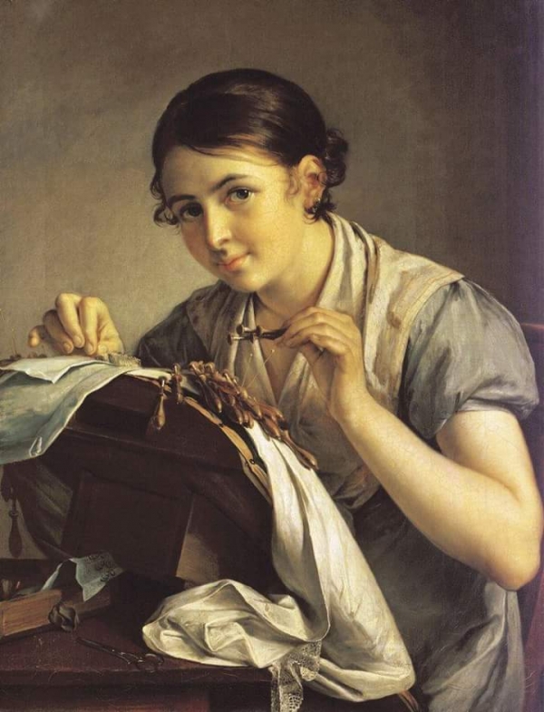 ’황금자수를 놓는 여인’1826년, 바실리 트로피닌(1776-1857),캔버스에 유채, 81.3 х 63.9cm, 트레챠코프 미술관, 모스크바