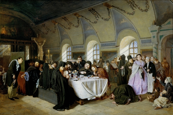 '수도원의 식사', 1865-1876년, 바실리 페로프(1833-1882), 캔버스에 유채, 84x126см, 러시아 박물관, 상트페테르부르크.