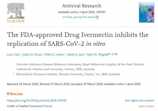 호주 모니쉬(Monash)대학 연구팀은 구충제 이버멕틴(Ivermectin)이 코로나19 바이러스를 48시간 이내에 죽인다는 실험 결과를 학술지 Antiviral Research에 발표했다. 사진=Antiviral Research 캡처
