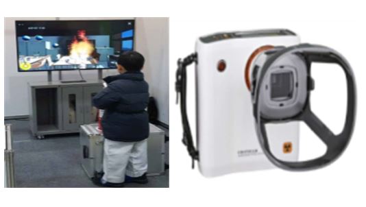 가상 소화기 기반 화재교육 시스템(왼쪽)과 ‘저선량, 경량화, 이동성 및 편리성이 개선된 의료용 포터블 엑스선 촬영장치 (REMEX-KA6)’. 자료=조달청