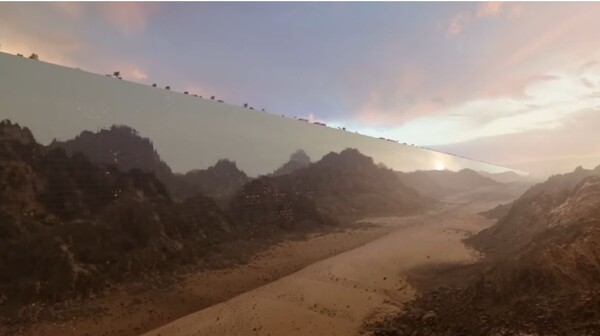사막위에 도시 길이가 170km에 달하는 유리벽 직선도시 '더 라인'을 건설한다. 네옴 홍보영상 캡처